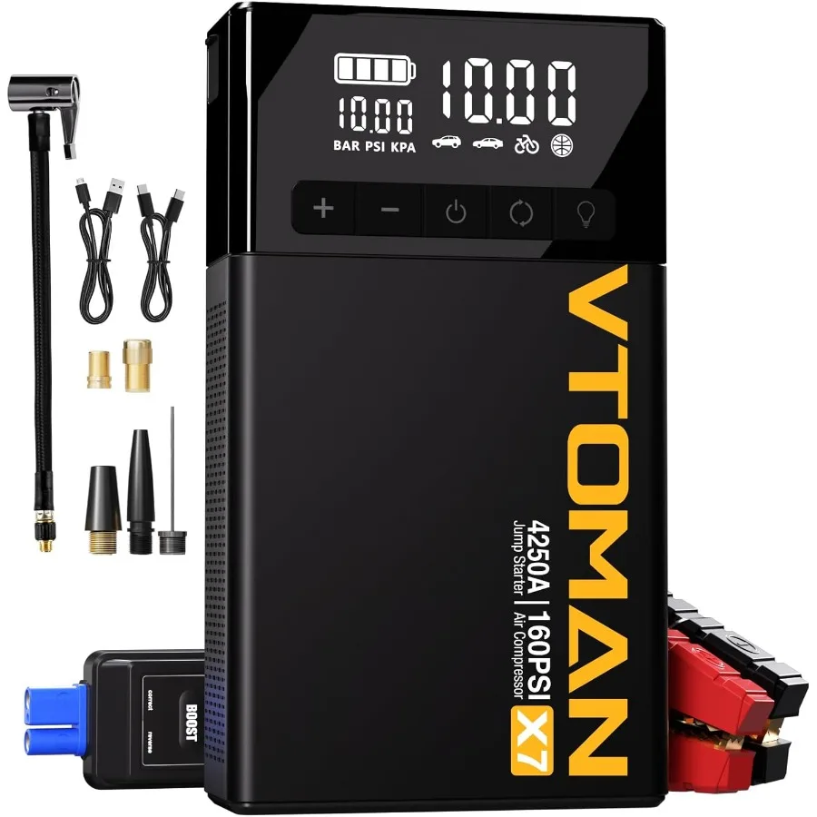 Jump Starter with Air Compressor 4250A160PSI Battery Car Jumper Starter Portable Booster Pack 10L Gas/10L Diesel with