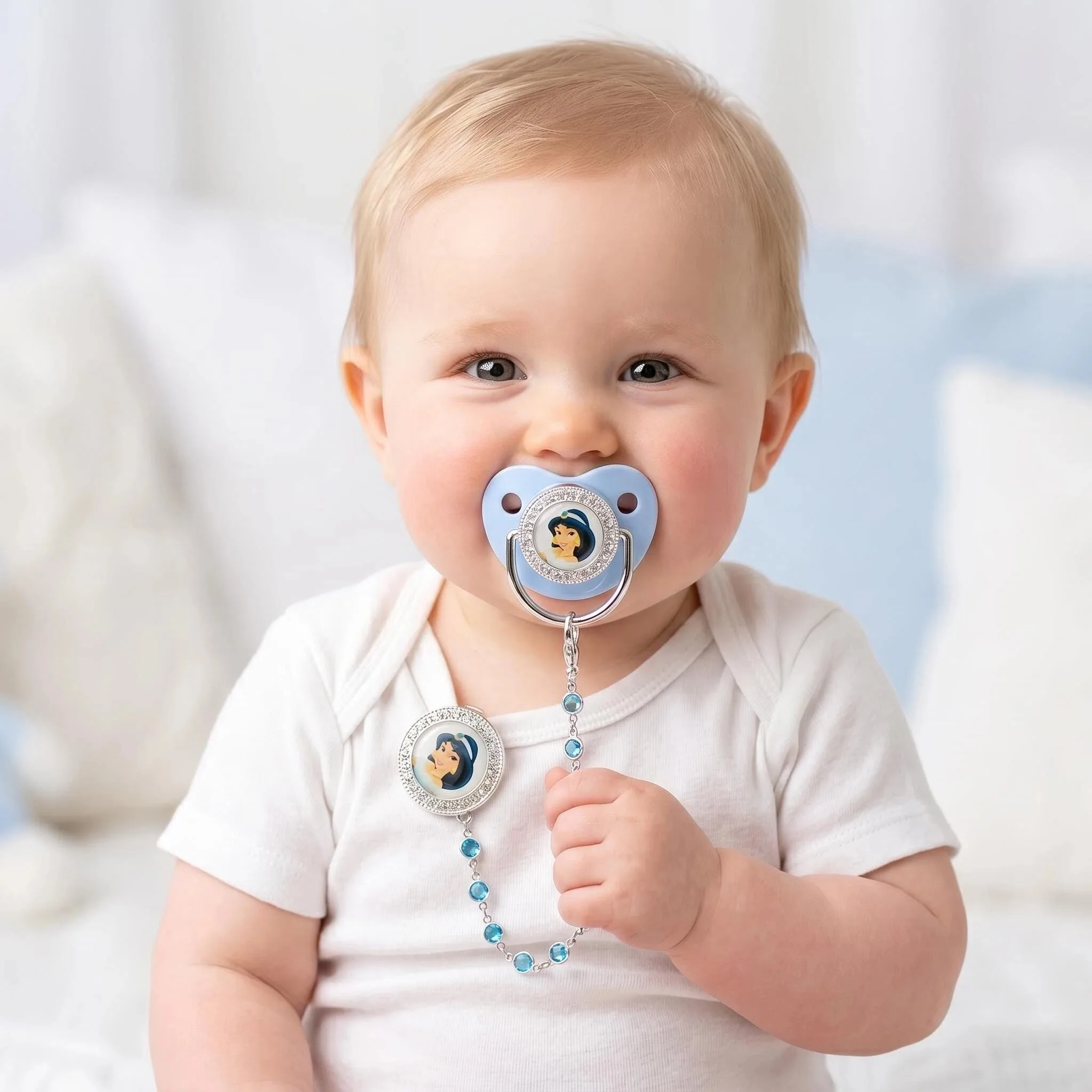 

[Baby Pacifier Clip Set] Sparkling princess Print pacifier and pacifier Chain clip free Bisphenol a silicone Baby pacifier Gift