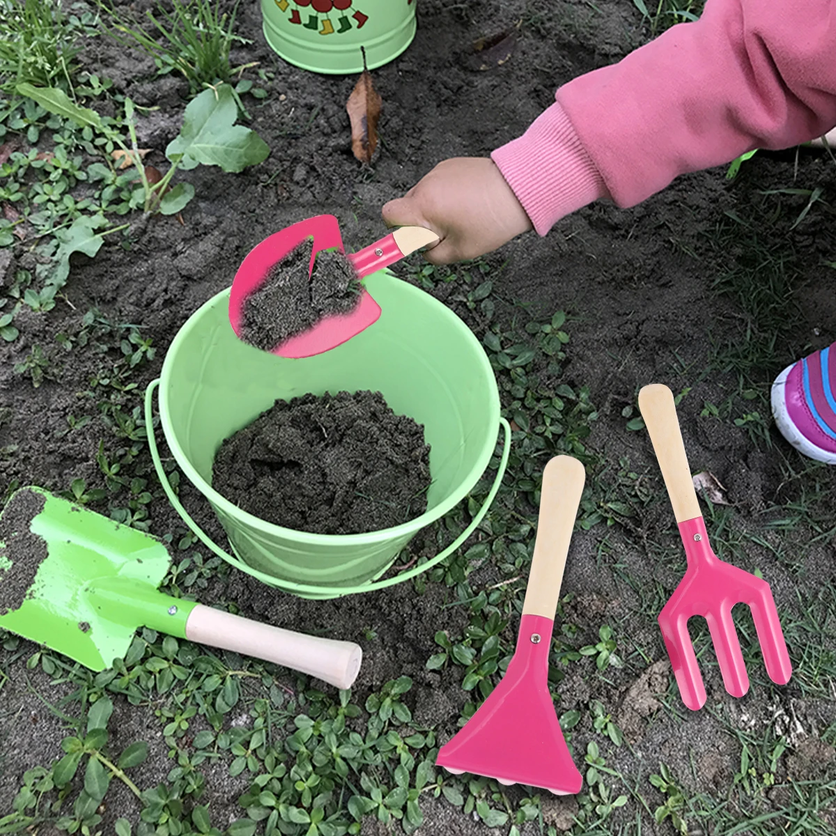 

3pcs Children Beach Rake Set Gardening Tools for Kids Digging Pink Wooden Pot Plant Mini Shovel Bonsai Kit Toy Sand Play