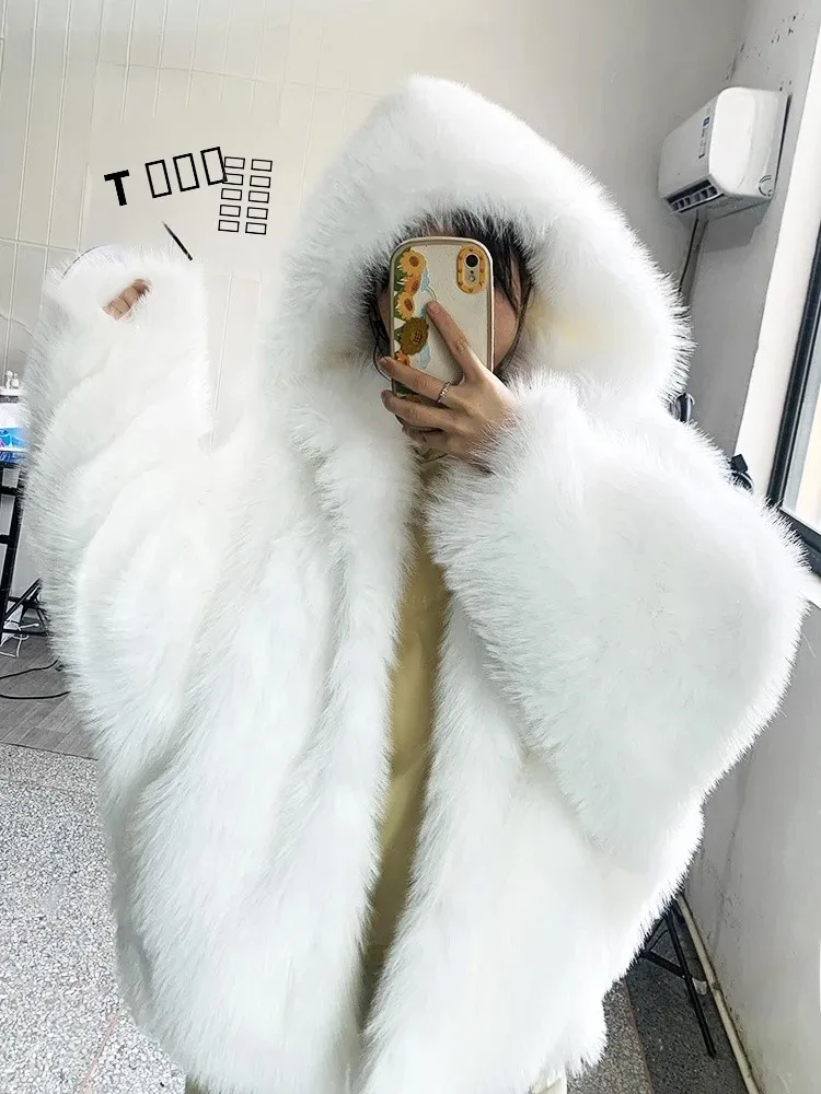 

Nerazzurri White Winter Faux Fur Jaet Women's Hooded Fluffy Plu Coat Warm Windproof Long Sve Korean Sle Commute