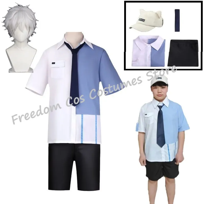 

In Stock Anime Link Click Lucas Cosplay Costume White Short Wig Lu Guang Blue Shirt Pant Hat Full Set Daily Clothing Halloween