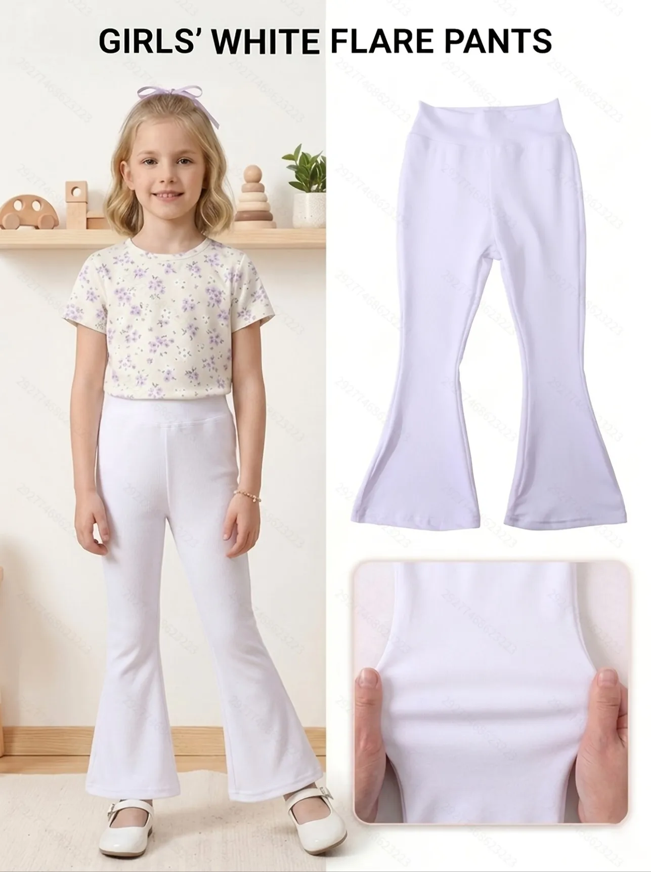 2 Stück Kinder-Hosen mit hoher Taille und ausgestelltem Bein, 3–11 Jahre, einfarbig, weich, dehnbar, elastisch, für Mädchen, für Schule, Freizeit, Alltag, Sommerkleidung – Detail 4