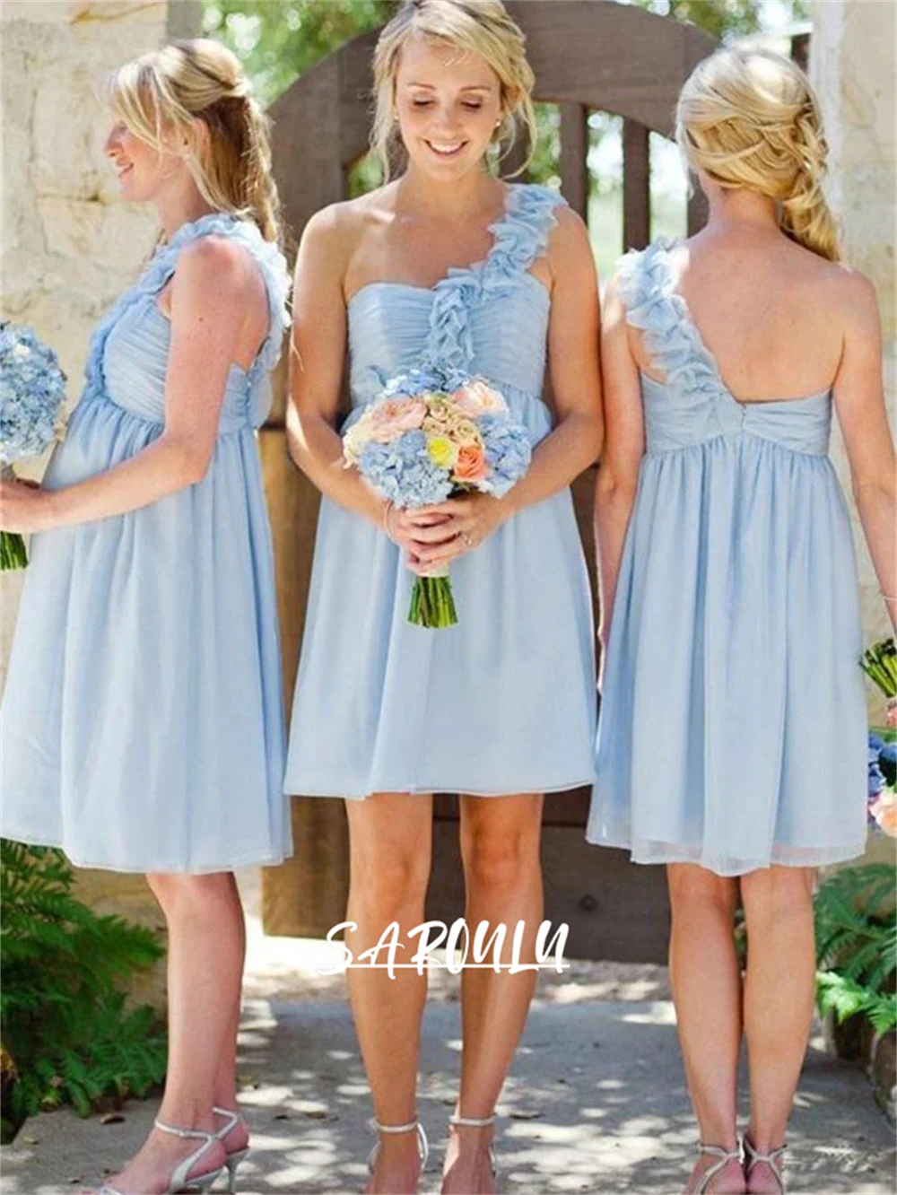 

Chiffon Midi Bridesmaid Dress One Shoulder Custom Made Colors Above Knee Short Prom Wedding Party Gown Plus Size