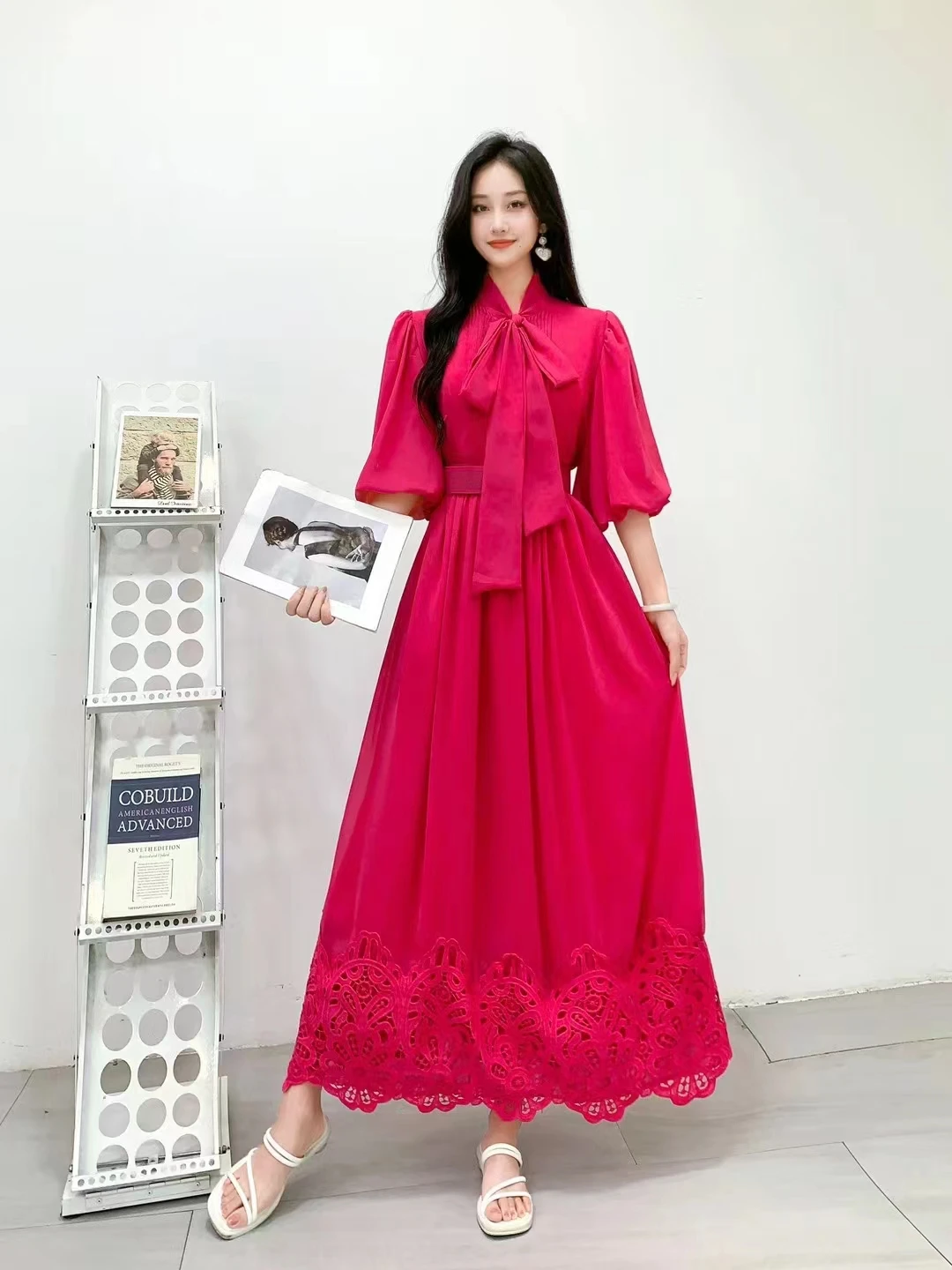 2024 New Summer Women Lace-up Bow Collar Puff Sleeve Belt Slim Long Dress High Quality Lace Patchwork Big Hem Chiffon Dress