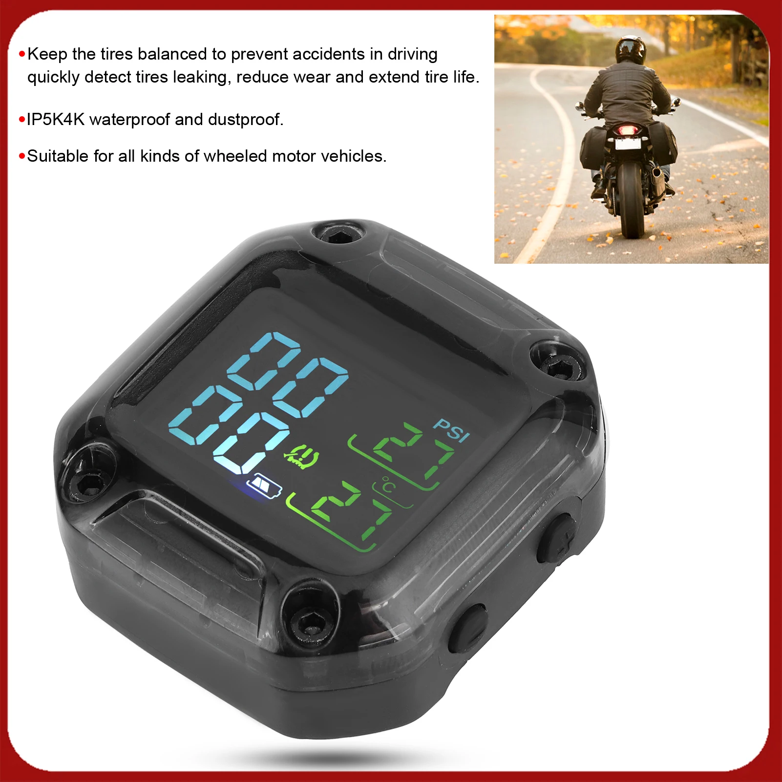 

Велосипед TPMS Беспроводная мотоциклетная TPMS Система контроля давления в шинах в реальном времени Высокая точность с 2 датчиками Детектор давления в шинах