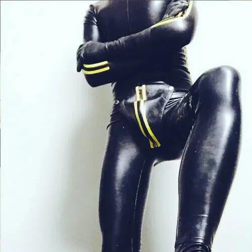 

Gummi 100% Latex Rubber Men Yellow and Black Catsuit Tights Bodysuit Size S~XXL