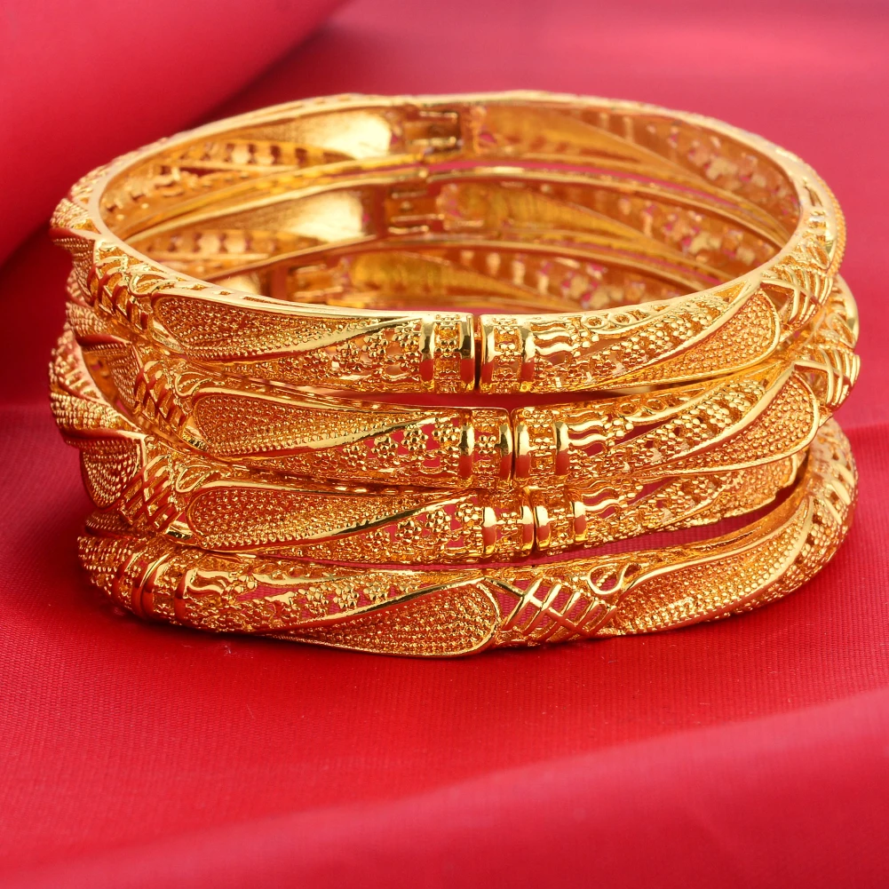 

Dubai Gold Color Bangles For Women Men Fashion Flower Jewelry Wedding Party Luxury Quality Bridal Bracelets Gift