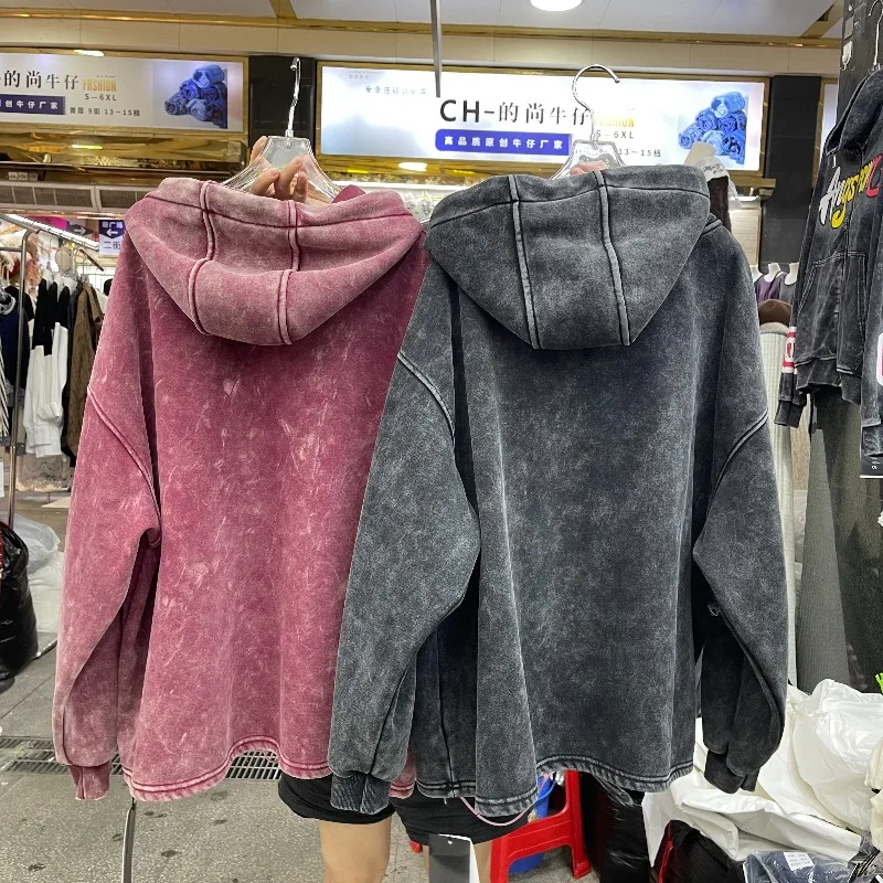 Heavy Industry Patchwork Cartoon Washed Vintage Hoodie Autumn New Loose Slimming Versatile Pullover Top Long-sleeves Sweatshirts