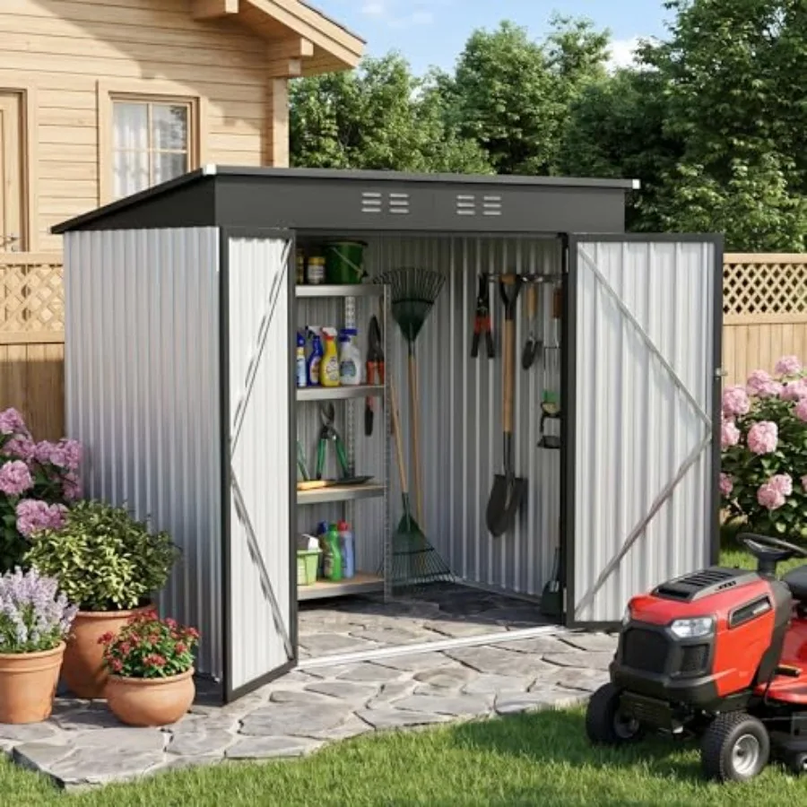 4 x 6 Feet Metal Storage Shed, All Weather Waterproof Garden Shed with, Lockable Door and Vents, Outdoor Storage for Bike, Lawn