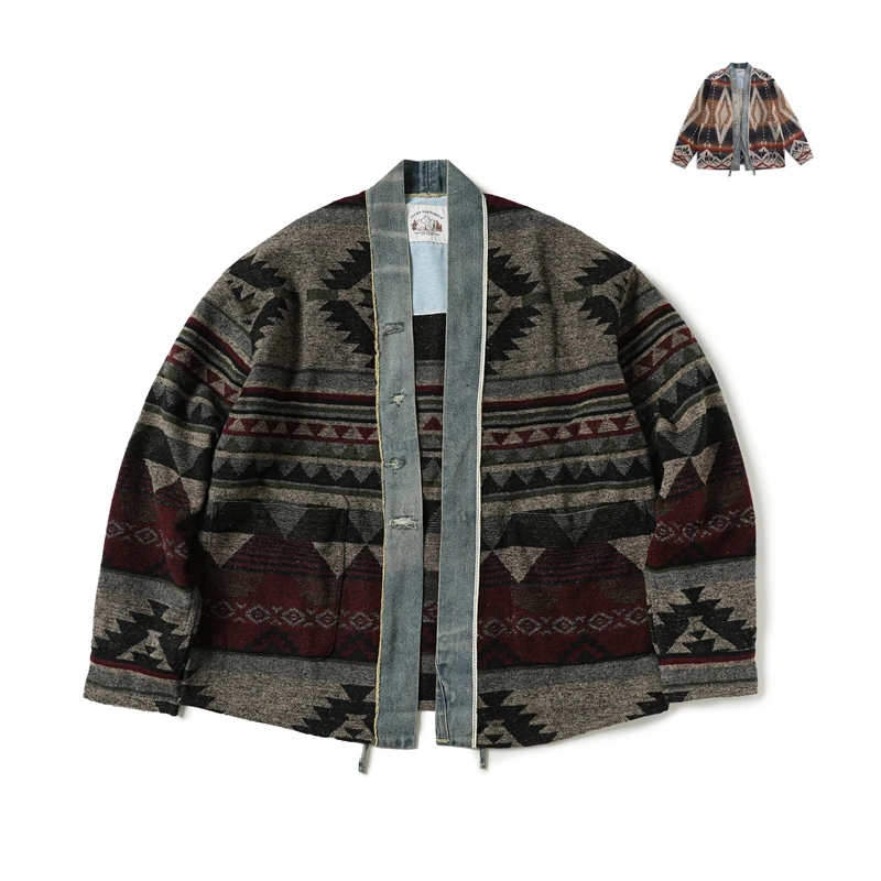 

Autumn Winter Loose Casual Denim Patchwork Coat ex Jaet Ethnic Sle Long Sve No Collar Youth Trend Outerwear