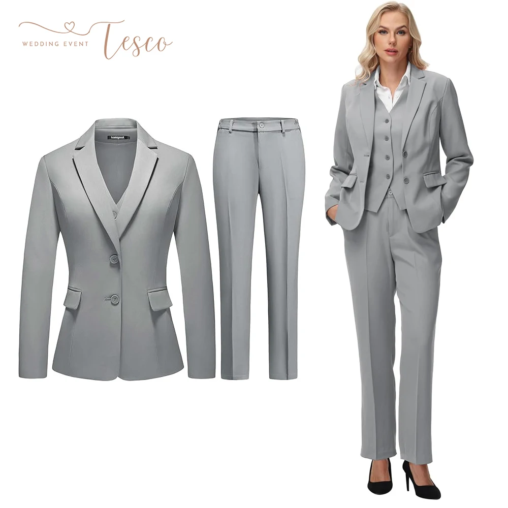 

Tesco Customized Grey 3 Piece Women's Suit Single Breasted Blazer Formal Business Pantsuit Office Lady Tuxedo Set