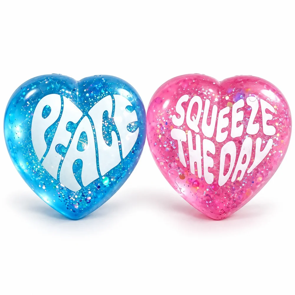 Glitter Heart Squishy Toy Blue Peace or Pink Squeeze The Day Soft TPR Heart Shape Squeeze Fidget Cute Gift for Teens and Adults