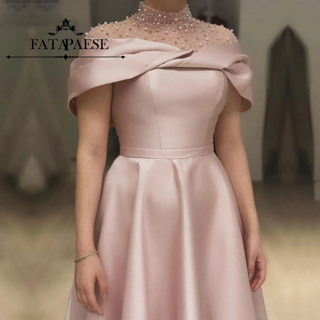 FATAPAESE Customized Powder Satin High-Neck Pearls Cap Tank Sleeve Zipper Evening Dresses A-Line Midi Prom Gow