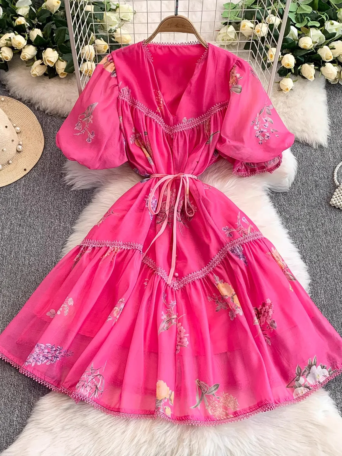 

Summer Women Sweet Floral Lace Knee-Length Dress Elegant V-Neck Single Breasted Short Puff Sleeve A-Line Beach Party Vestido New