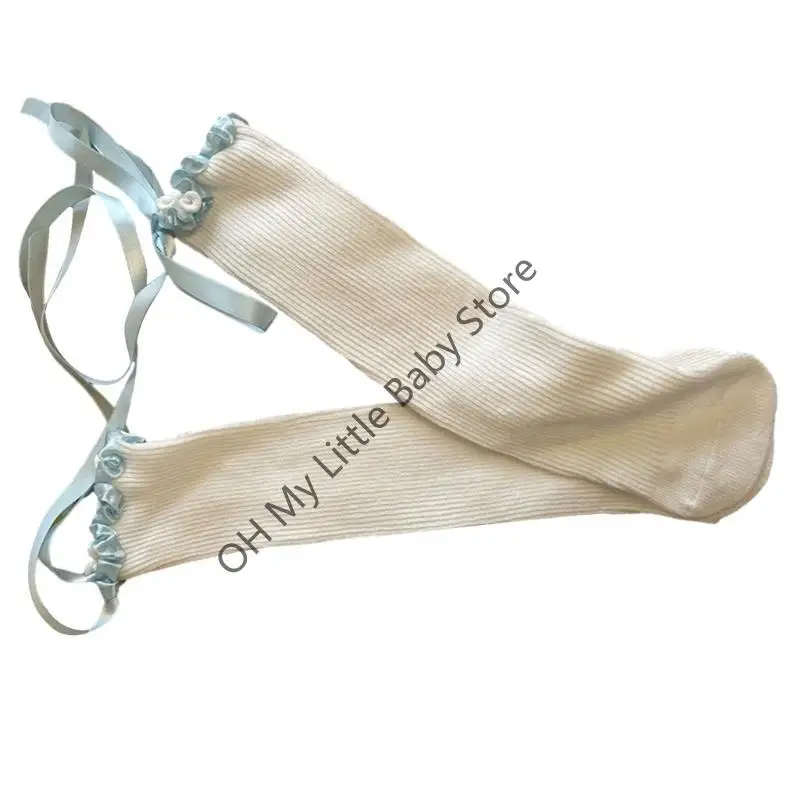 

M76C Ribbon Lace Bowknot Socks Girl Stretchy Knee High Socks Breathable MidCalf Socks