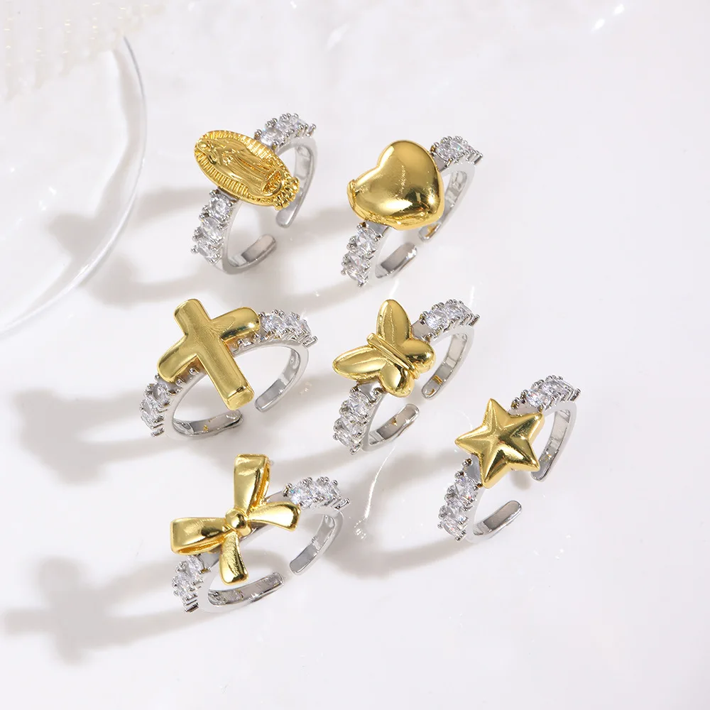 6 European and American fashion copper plating color retention love bow pentagram cross virgin butterfly two-color opening ring