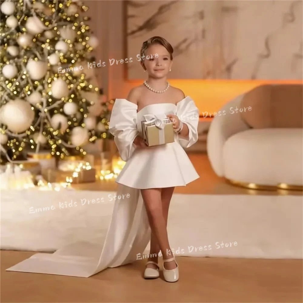 

Customized Elegant Satin Flower Girl Wedding Dress Off The Shoulder with Bow Princess Birthday Party Gown Girls Celebrity Dress