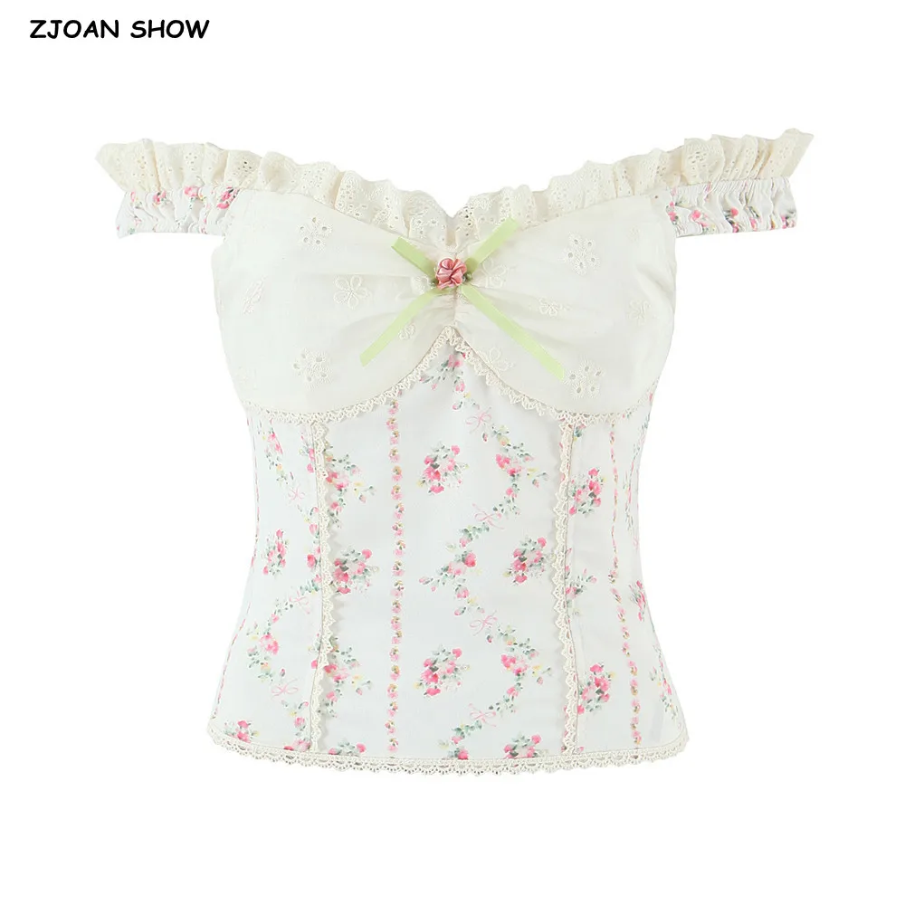 

New Summer Embroidery Lace Spliced Floral Print Slash Shoulder Crop Shirt Women Zipper Back Wood ears Elastic Sleeve Tee Tops