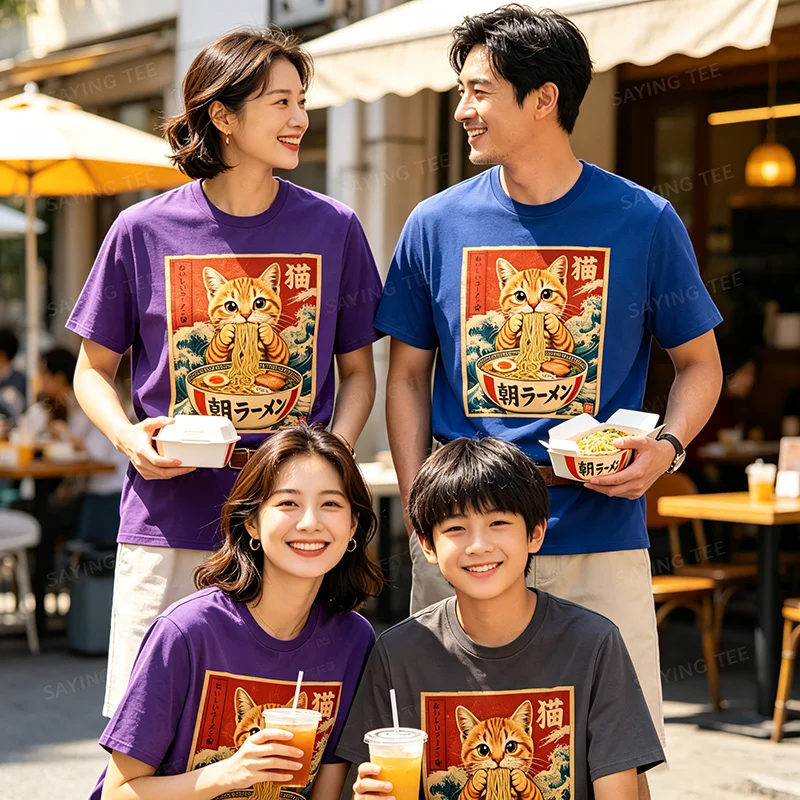 Lustiges Katzen-Ramen-Grafik Retro Japanisches Kawaii Anime Nudel T-Shirt Y2k Cartoon Weiches Baumwoll-T-Shirt für Frauen Männer Harajuku Tees – Detail 3