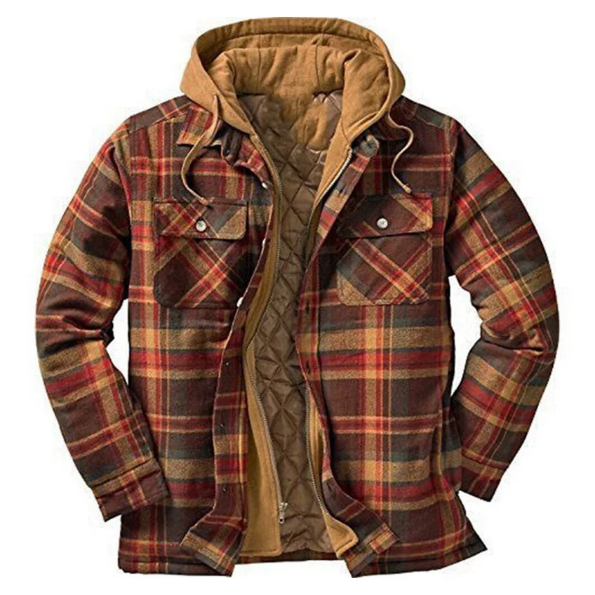 Popular Mens Clothing Autumn and Winter Classic Plaid Cotton-padded Clothes Long-sleeved Hooded Shirts and Coats