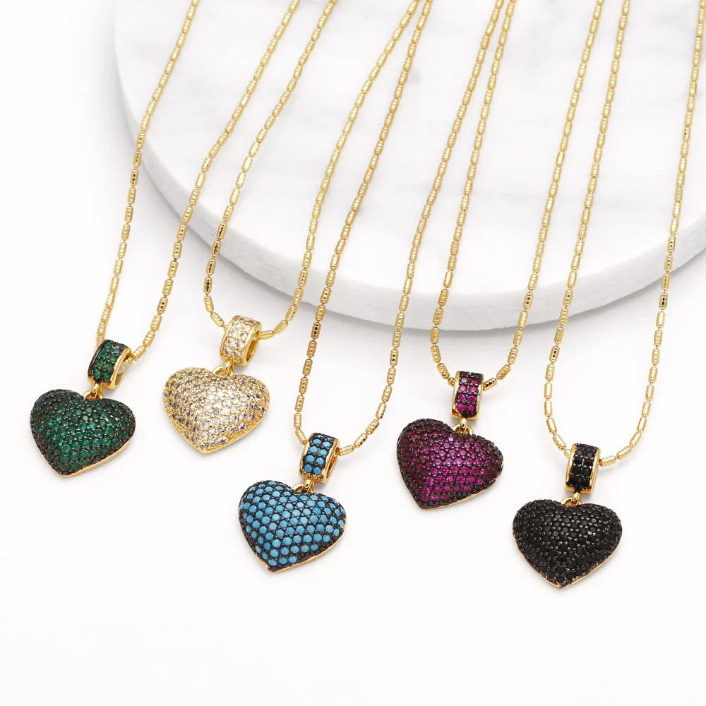 FLOLA Luxury Green Crystal Heart Necklace for Women Copper Gold Plated Short Necklaces CZ Jewelry Gifts nkeb228