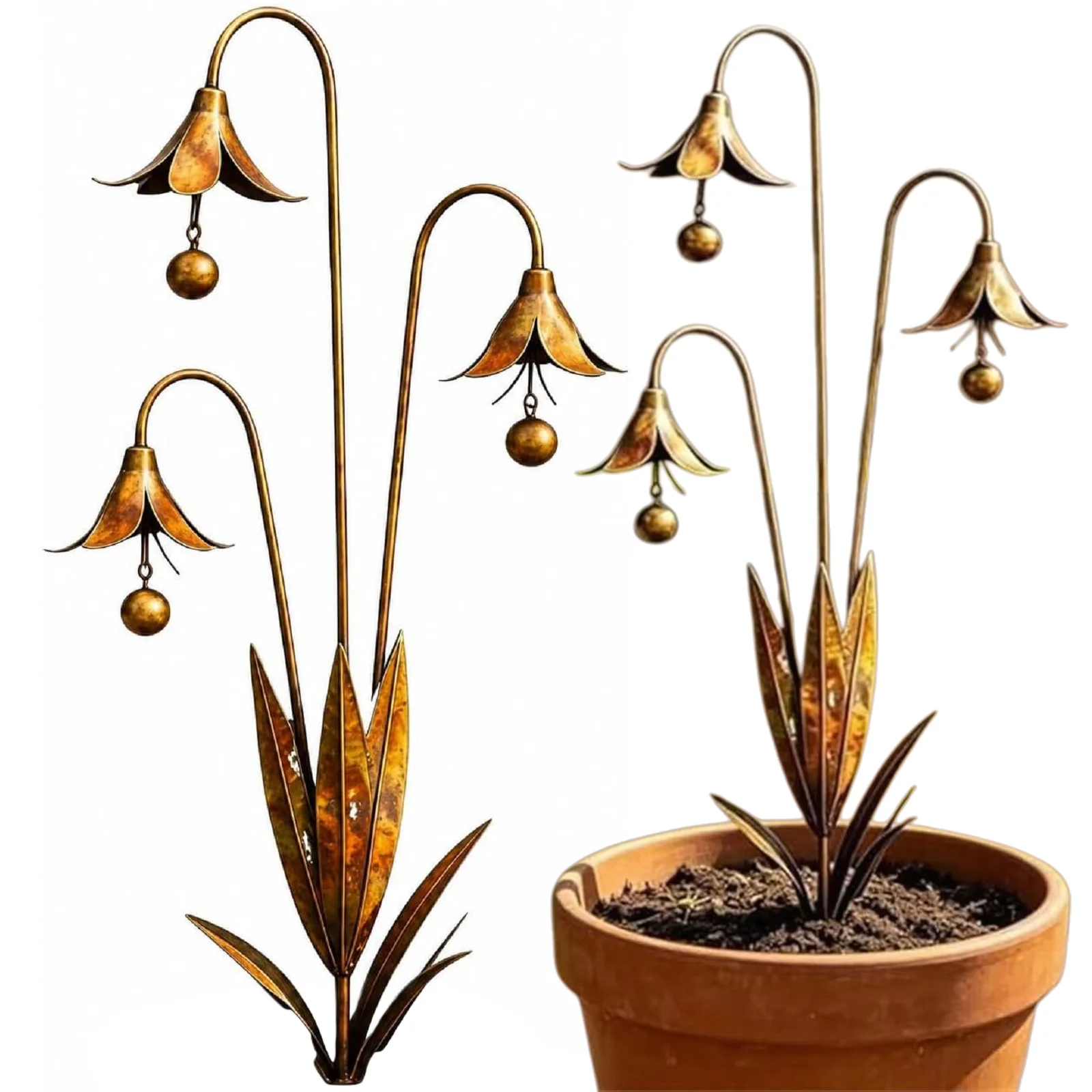 Metal Flower Decoration with Bell Vintage Garden Stakes Multi Purpose Funny Plant Sculpture for Outdoor Yard Decorations