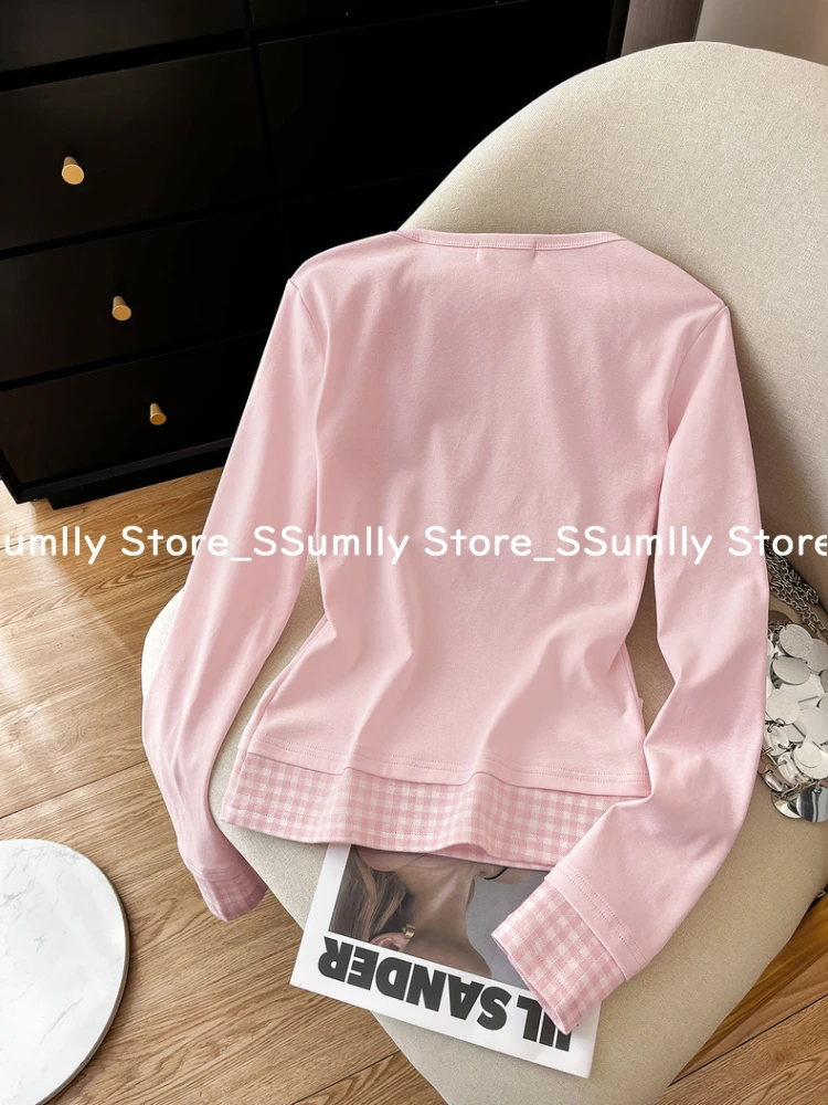 Pink V-neck Fake Two Long-sleeved T-shirts Women Spring New Slim Plaid Stitch Tops Korean Design Casual Underwear Clothes 2025