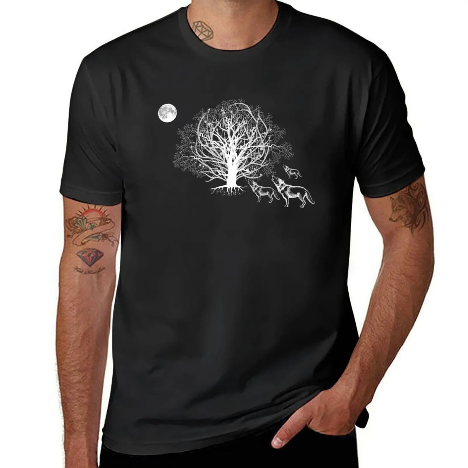 Wolves Howling to the Moon near a White Tree T-Shirt aesthetic clothes sports fans oversized t shirt men