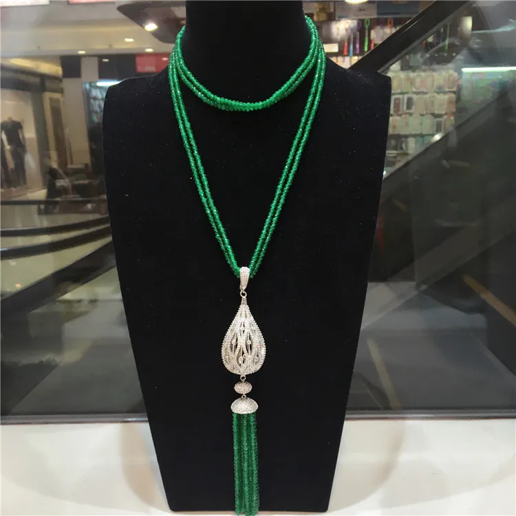 

Hot sell new natural green stone micro inlay zircon big water drop pendant tassel necklace long sweater chain fashion jewelry