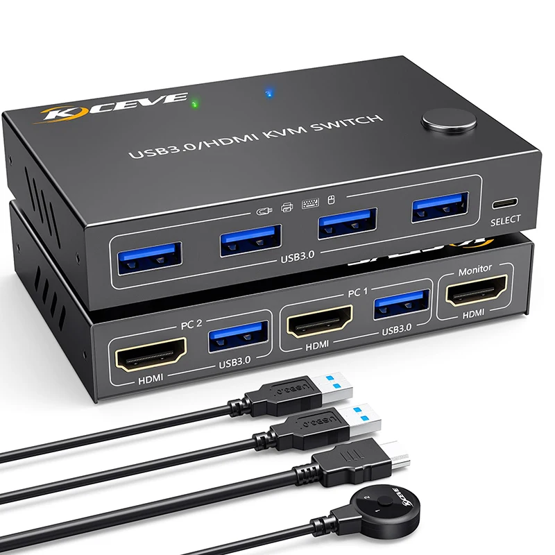 KVM Switch HDMI 2 Port Box,USB 3.0 and HDMI Switch 4K@60Hz 2K@144Hz Simulation EDID for 2 Computers Share Keyboard Mouse Printer