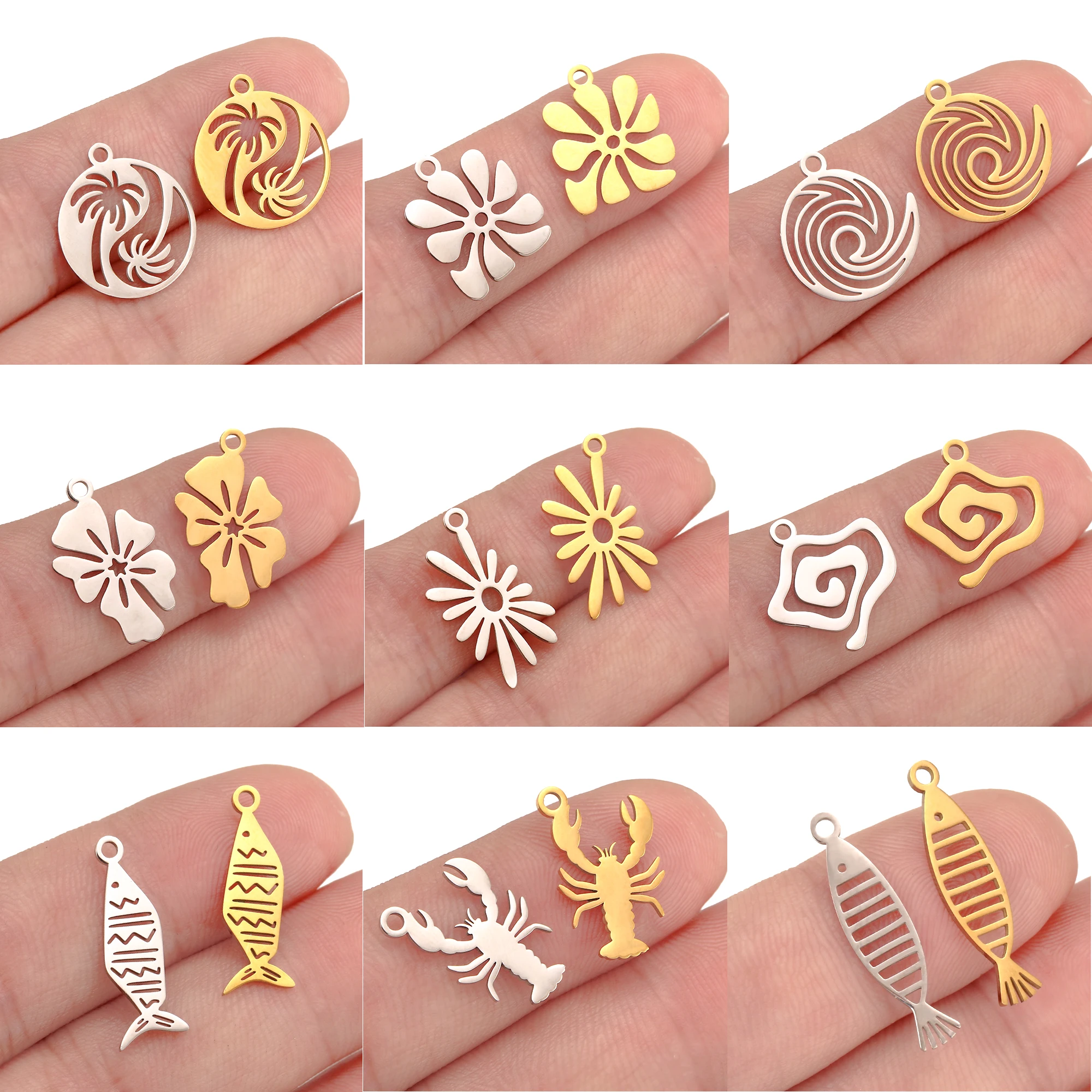 5PCS Real Gold Plated Cute Fish Coconut Tree Flower Sun Sea Wave Charms For Jewelry Making Supplie Stainless Steel charm Pendant