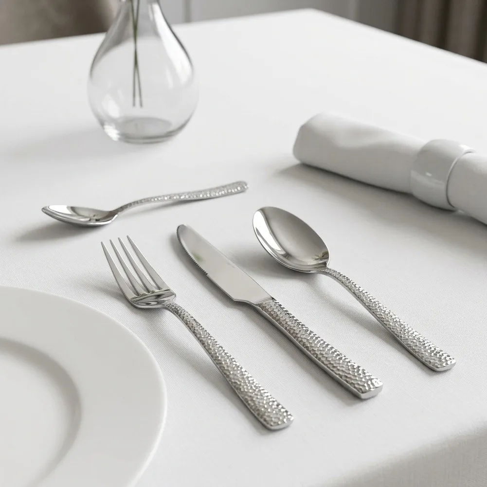 Polished Stainless Steel Cutlery Set 4-Pc Designed with Non-Slip Hammered Handles for Reliable Daily Functionality