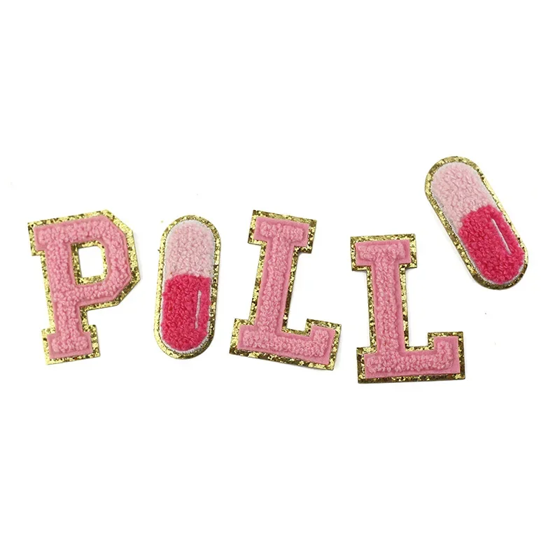 Pink Pill Gold Edge Cloth Towel Embroidered Patches Gritt Iron on Badge Chapter Chenille Gold Glitter DIY Bag Clothing Stickers