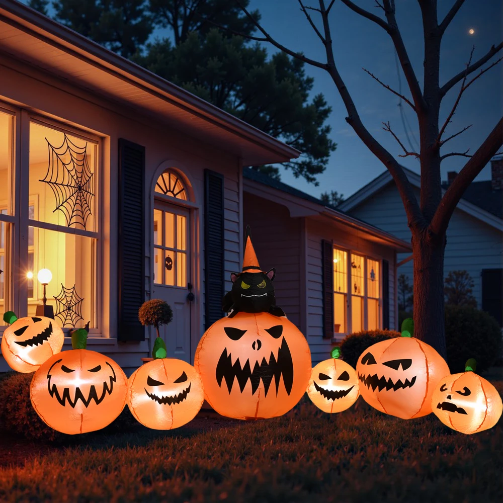 

2.7m Long Inflatable Stacked Pumpkins with Black Cat Halloween Inflatables Decorations Build-in LEDs Blow Up Garden Lawn Decor