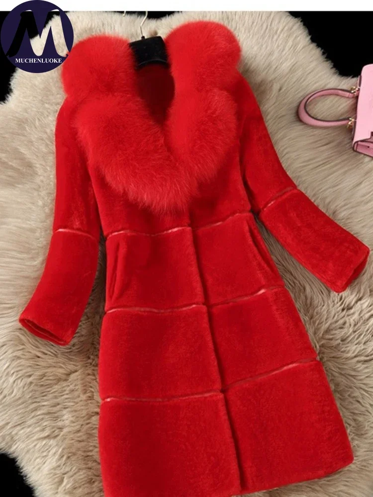 Women\'s Elegant Imitation Fox Hair Collar Warm Fur Coat Korean Fashion Slim Fit Artificial Plush Coats Autumn Winter New