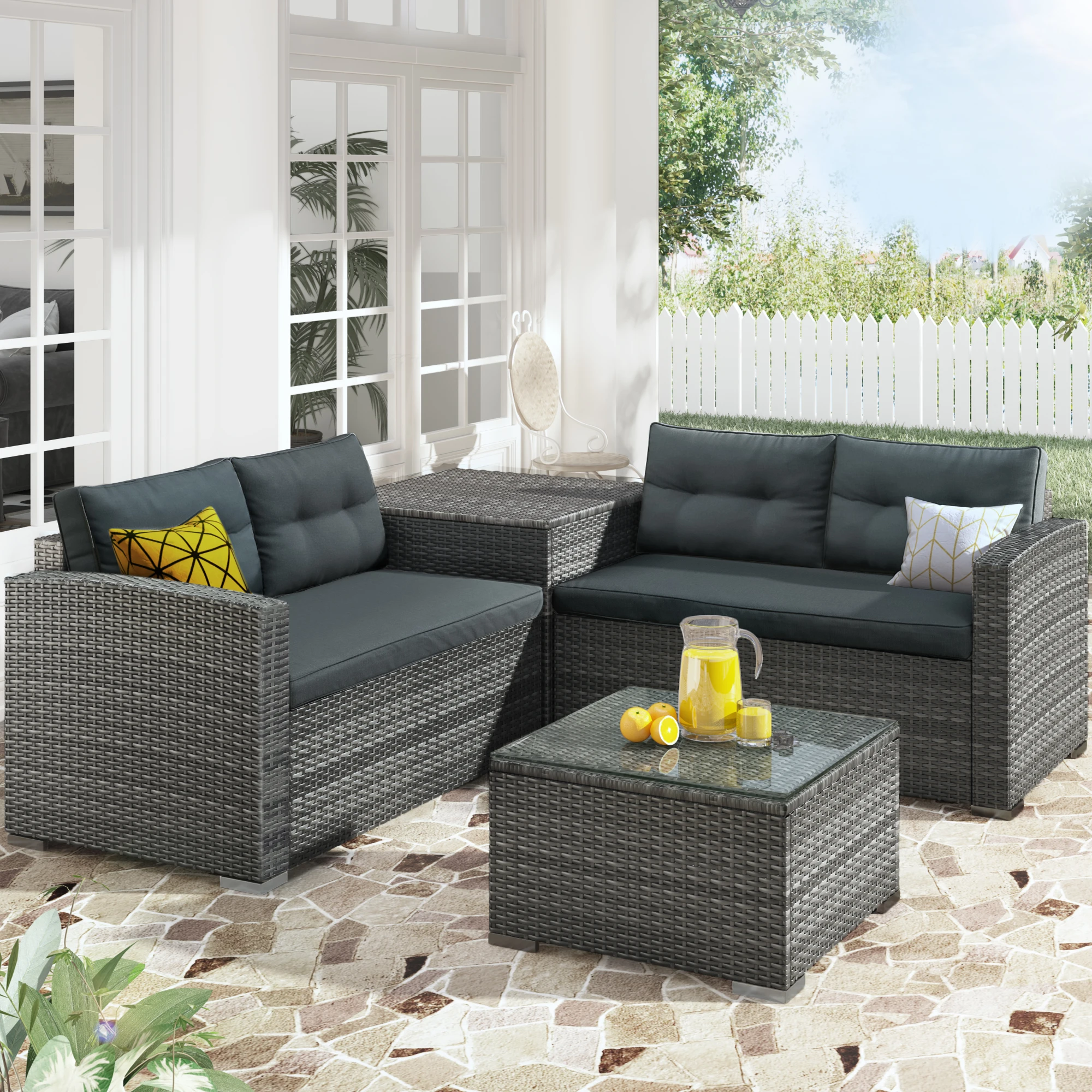 Outdoor Furniture Sofa Set with Large Storage Box  for Pool Backyard Lawn
