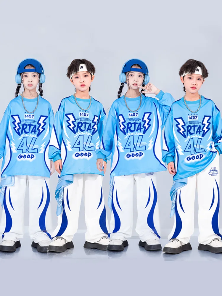 

Girl Hip Hop Dance Costume Children Lightning Blue Sweatshirt Joggers Pants Kids Jazz Street Performance Clothes