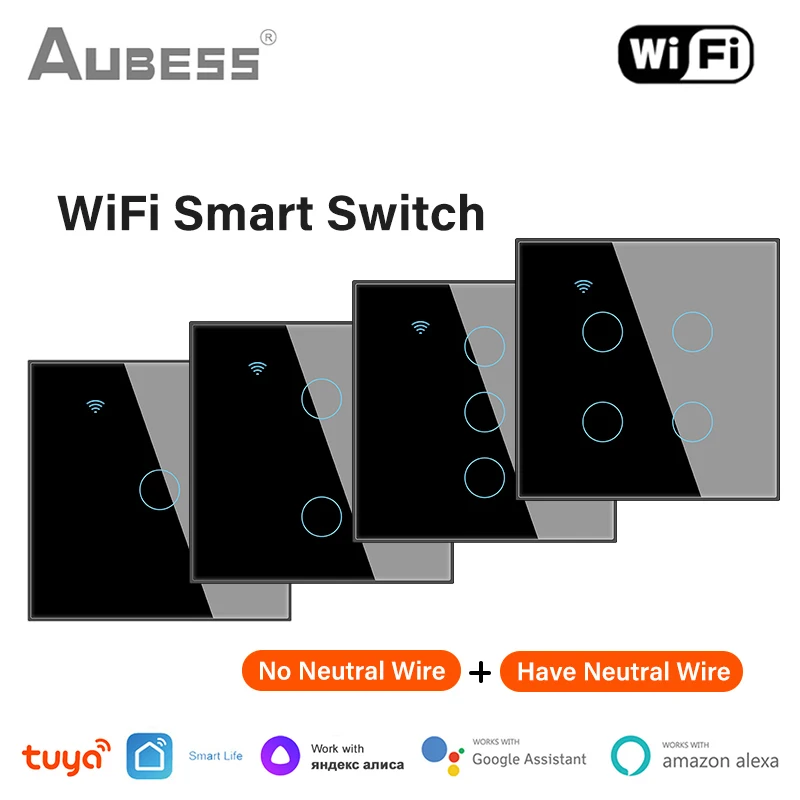 Aubess Tuya WiFi Smart Touch Switch Home Wall Button Panel Voice Control With Alexa Google Home Yandex Smart Life 1/2/3/4 Gang