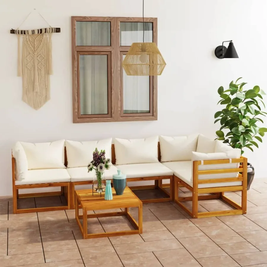 

6 Piece Patio Lounge Set with Cushion Cream Solid Acacia Wood