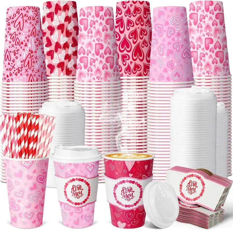 

120 Sets 16oz Disposable Paper Coffee Cups with Lids Sleeves Straws Holiday Paper Drinking Cups Bulk for Hot Cold Beverages Home