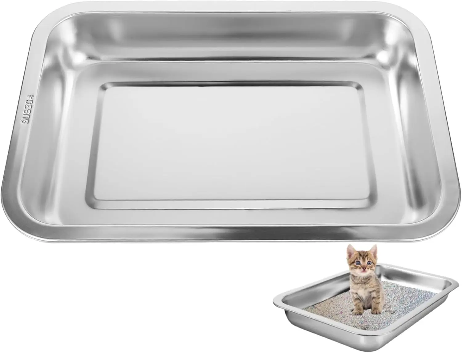 Caja de arena para gatos de acero inoxidable: entrada baja, bandeja abierta pequeña para gatos, hámsteres, conejos, 31,5x21,5x4,5 cm, plateada