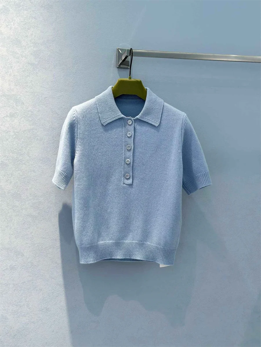 Embroidered Wool Sweater, Short Sleeve, Blue Collar, Classic Sweater, New Collection, 2024 Autumn and Winter