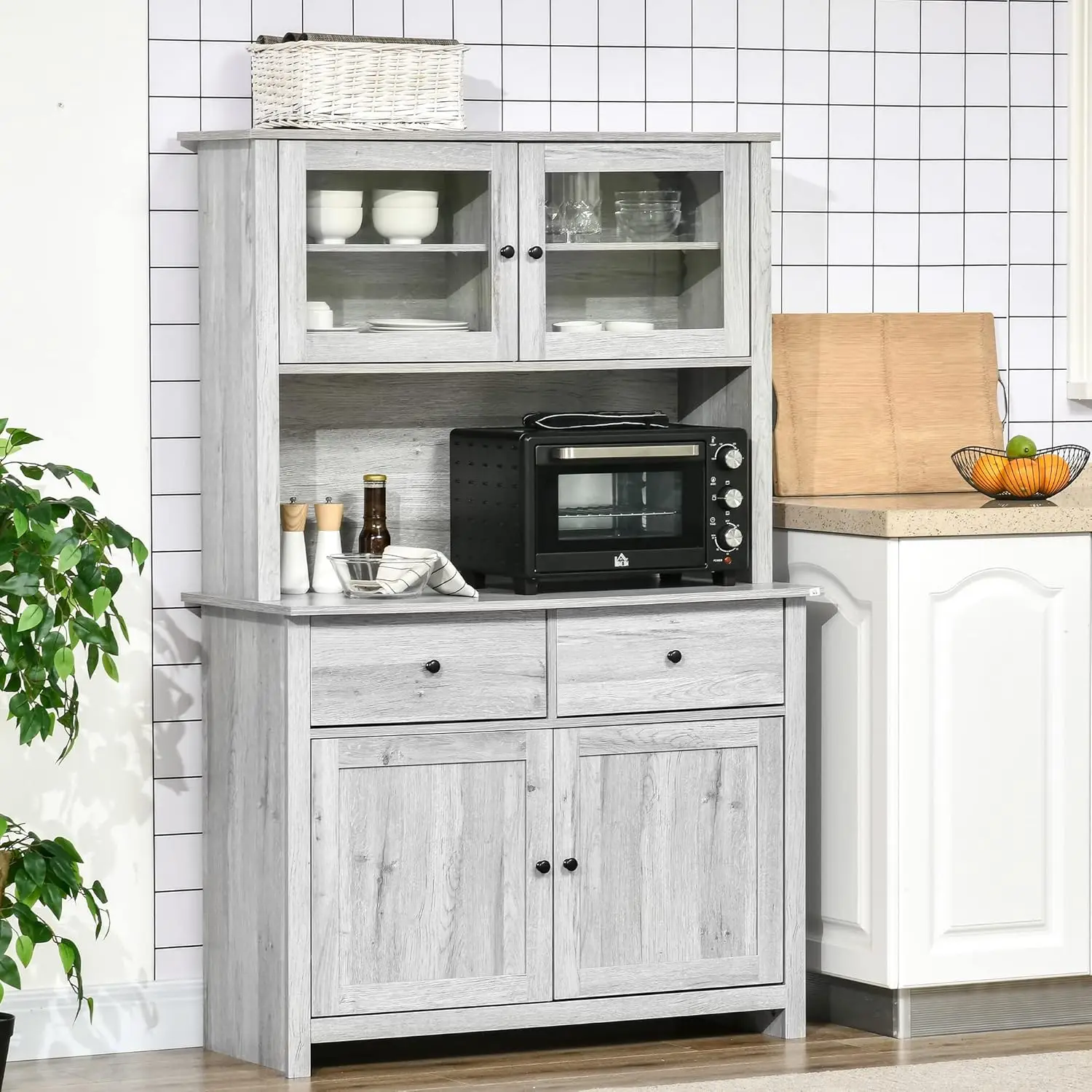 Kitchen Buffet with Hutch Pantry Storage Cabinet with 4 Shelves Drawers Framed Glass Doors Open Microwave Countertop Ash Grey