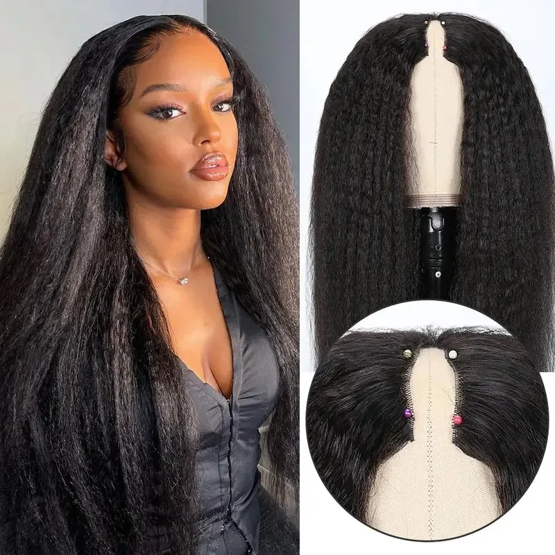 

300% Density Kinky Straight V Part Wig Glueless Human Hair Wig for Women Natural Black Color No Leave Out Yaki Straight Hair Wig