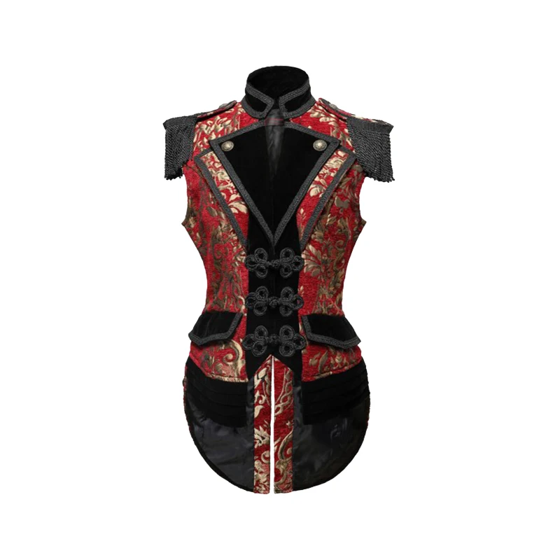 

Medieval Victorian Red Black Embellished Vest Women Historical Renaissance Gothic Baroque Tail Waistcoat Halloween Christmas Top
