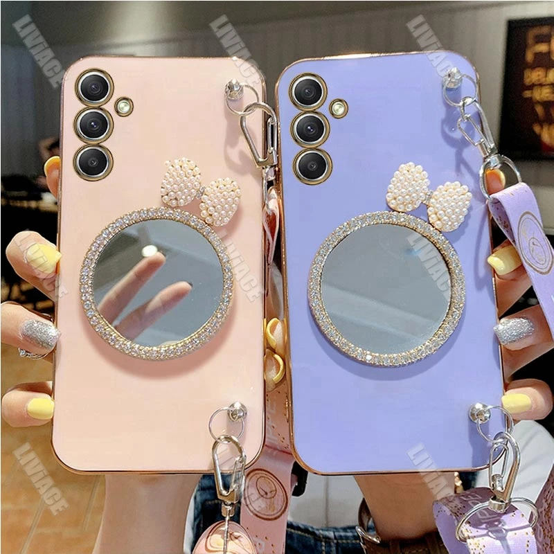 Etui Diamond Mirror Lanyard Strap Case dla Samsung Galaxy A05 A05S A14 A54 A04 A34 A24 M14 4G 5G Stand Strap Cover