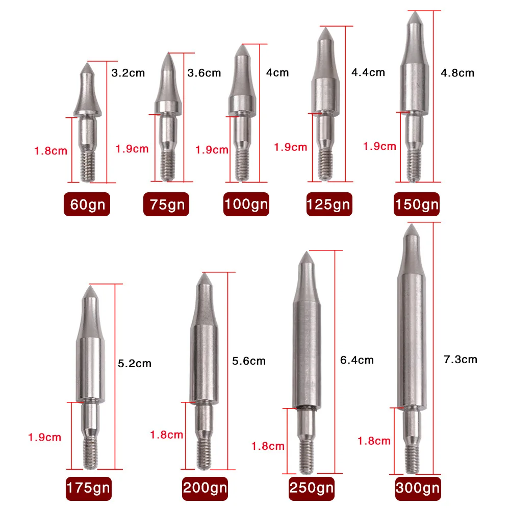 12pcs 75 100 125 150 200 250 300 Grain Stainless Steel Arrow Point Tip For OD7.6mm 7.9mm Arrow Shaft Broadhead Arrow Head