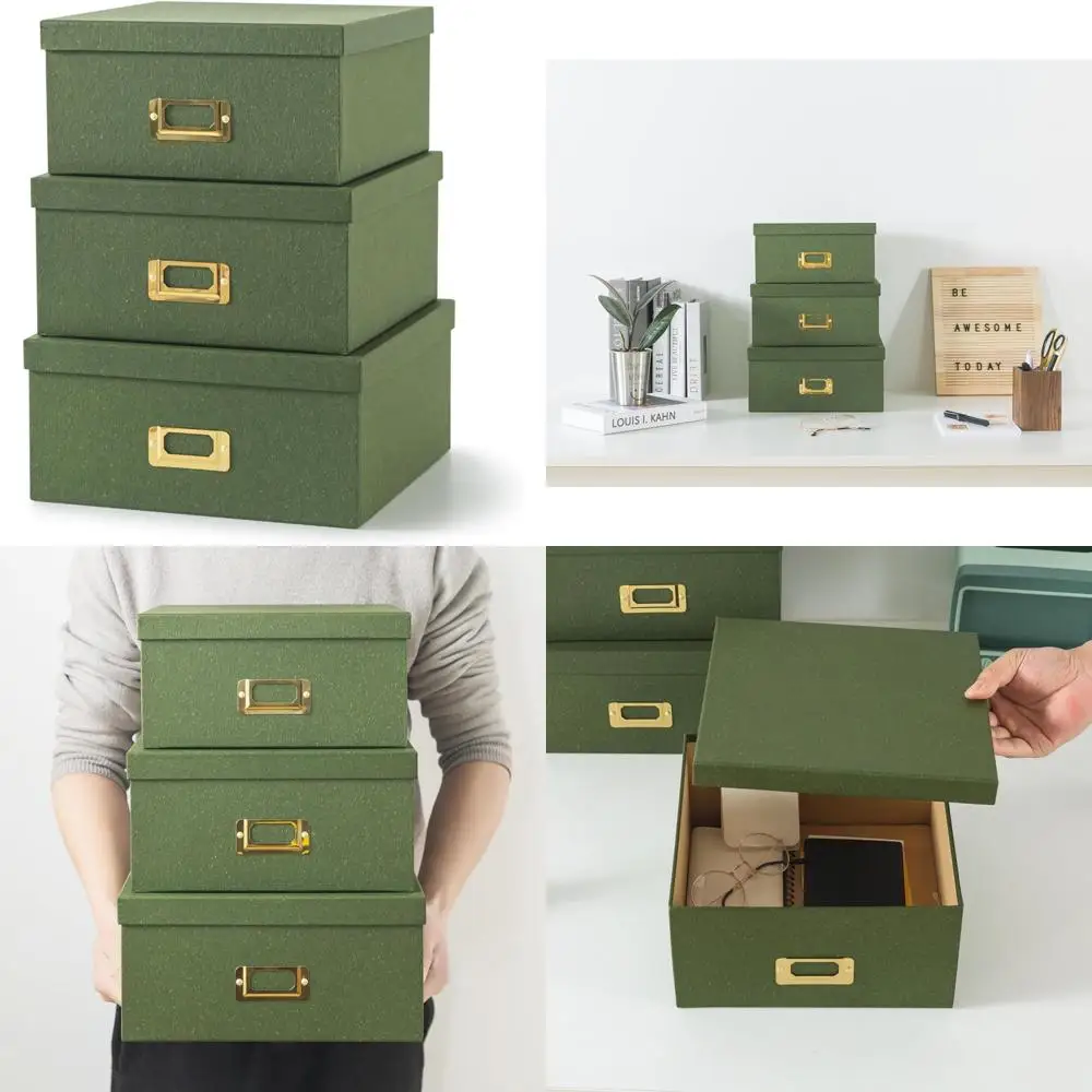 

Элегантные штабелируемые коробки для хранения из 3-х предметов из крафт-бумаги с крышками и золотыми держателями для стильной организации