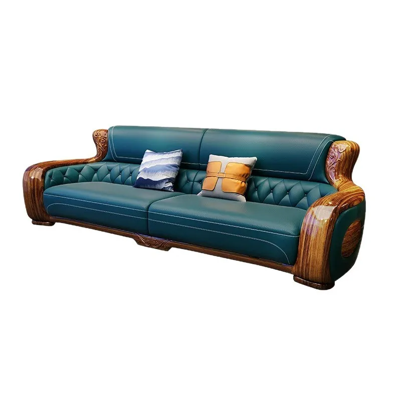 Ebony sofa modern new Chinese living room solid wood furniture atmospheric luxury leather begonia sofa