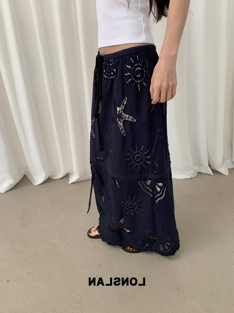 

Bla Hollow out f Skirt Women's Summer 2025 New Beach Vaion Heavy Embroidery Frayed n Long Skirt Casual High Wa...